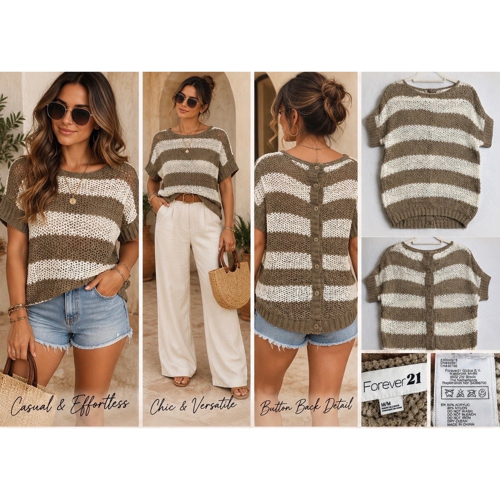 Forever 21 Women Brown White Striped Open Knit Button Back Sweater Medium